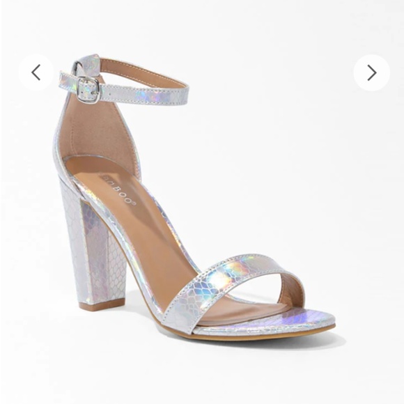 BAMBOO Shoes - Silver Iridescent Ankle Strap Heels
